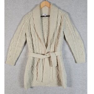 Vtg The Scotch House London Wool Cable Knit Belted Cardigan‎ Ivory Sweater M